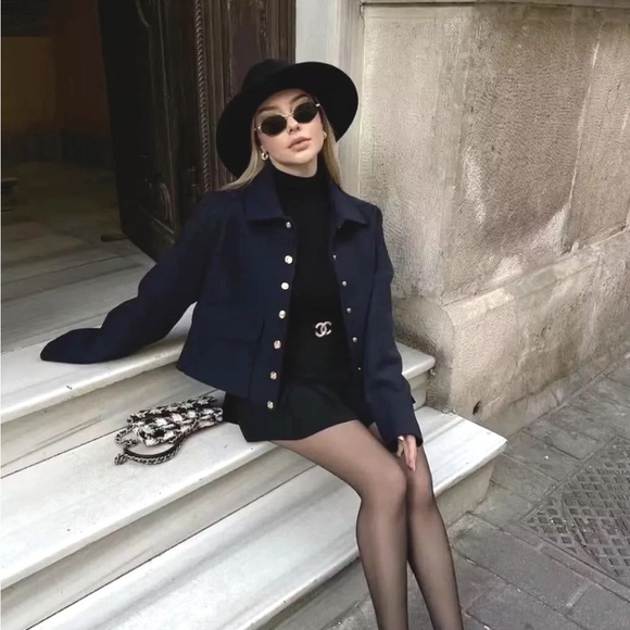 Zara Jackets & Blazers - ZARA soft cropped navy gold button military style jacket blazer NWOT